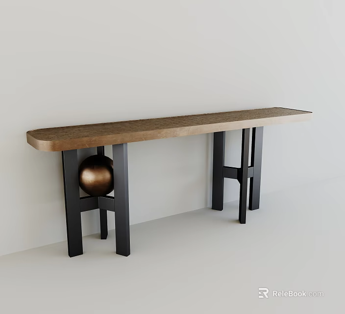 Long Wooden Dining Table With Black Legs Golden Ball Decoration Against White Wall 3d model 