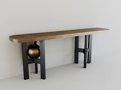 Long Wooden Dining Table With Black Legs Golden Ball Decoration Against White Wall 3d model