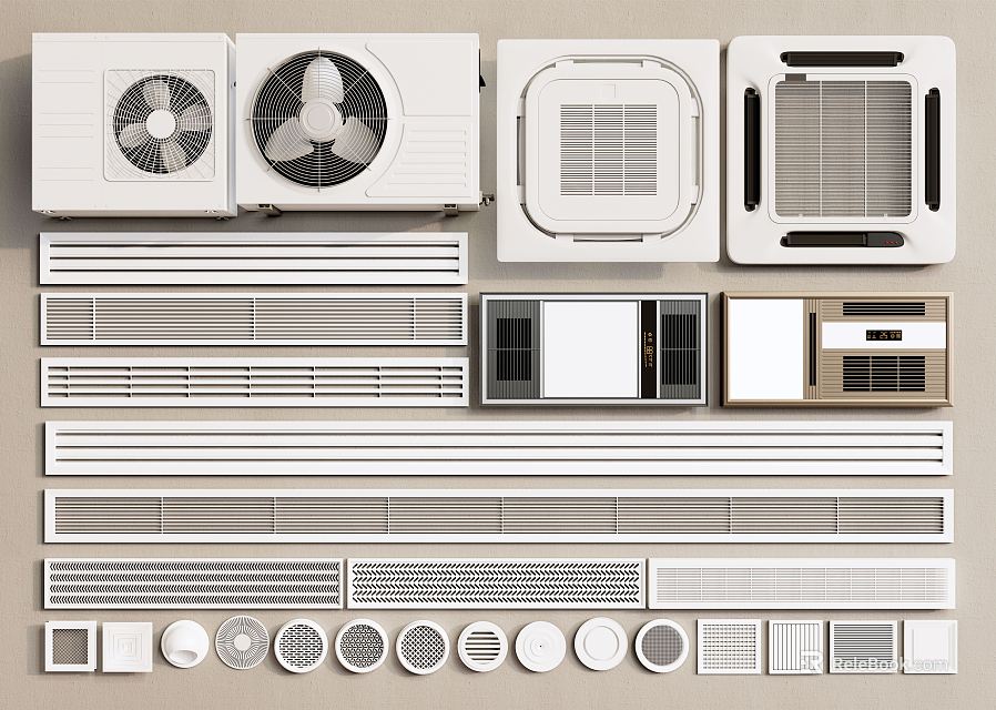 Different Types of Air Conditioner Vents with Square Linear and Circular Grille Designs 3d model 