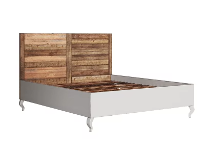 Double Bed With Wooden Planked Headboard And White Frame Featuring Elegant Legs 3d model