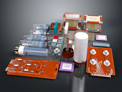 Various Electronic Components Including Circuit Boards Capacitors Resistors Chips And Diodes 3d model