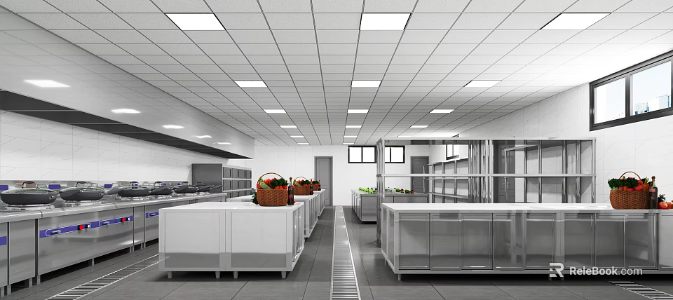 Modern Commercial Kitchen Layout With Stainless Steel Worktables Ceiling Lights And Vegetable Baskets 3d model 