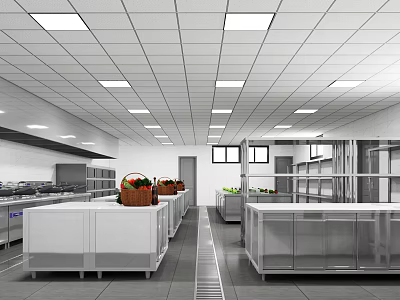 Modern Commercial Kitchen Layout With Stainless Steel Worktables Ceiling Lights And Vegetable Baskets 3d model