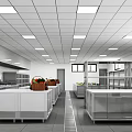 Modern Commercial Kitchen Layout With Stainless Steel Worktables Ceiling Lights And Vegetable Baskets
