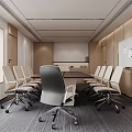 Modern Conference Room Interior With Long Table Chairs Whiteboard Large Screen Wooden Walls And Carpet