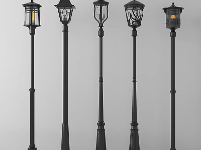 Black Outdoor Street Lights With Various Design Styles And Tall Lamp Posts 3d model