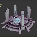 Ancient Stone Sculpture Carving With Circular Platform And Glowing Blue Pillars