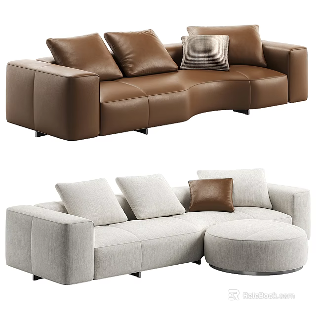 Brown Leather And Light Gray Fabric Two Person Sofas With Pillows And Ottoman 3d model