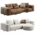 Brown Leather And Light Gray Fabric Two Person Sofas With Pillows And Ottoman