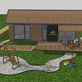 Wooden Guesthouse Building With Brown Roof Large Windows Pergola Patio And Mountain View