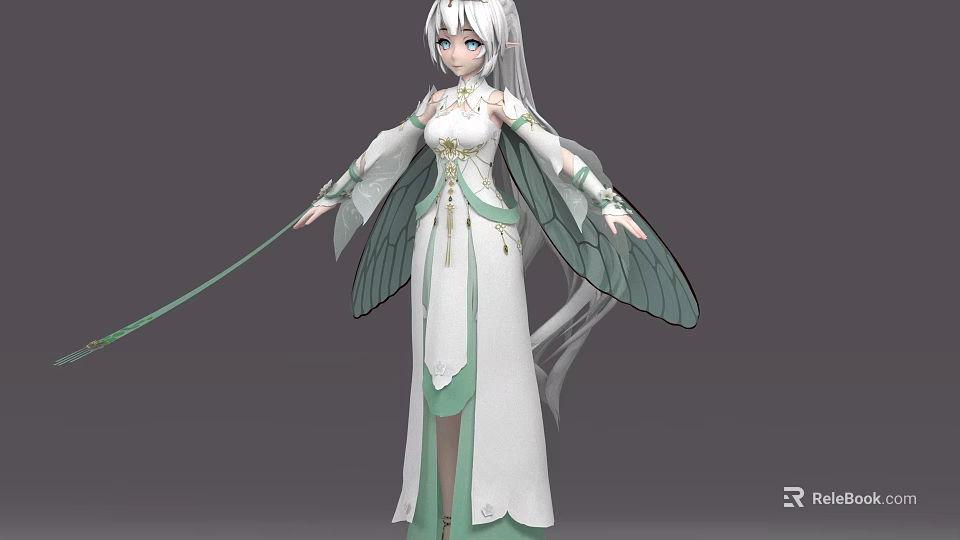 Game Movie Character with Silver Hair White Green Dress Green Insect Wings and Staff 3d model 