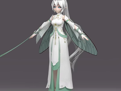 Game Movie Character with Silver Hair White Green Dress Green Insect Wings and Staff 3d model