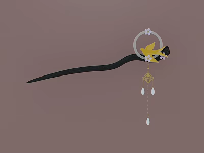 Elegant Black Hairpin with Yellow Accents Circular Ring and Flower Tassel Pendants 3d model