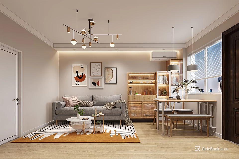 Modern Living Dining Room Interior With Grey Sofa Decorative Paintings Pendant Lights And Dining Table 3d model 