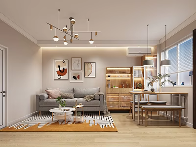 Modern Living Dining Room Interior With Grey Sofa Decorative Paintings Pendant Lights And Dining Table 3d model
