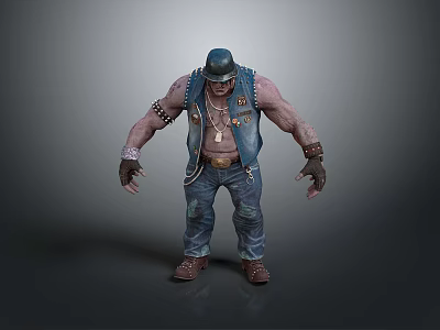Tough Muscular Man Wearing Denim Vest Hat Jeans Necklace Bracelets And Fingerless Gloves 3d model