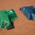 Green And Red Fabric Covered Building Components Placed On Brown Ground Surface 3d model