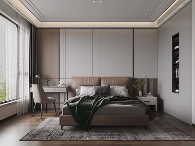 Modern Bedroom Interior With Brown Headboard Bed Gray Pillows Desk Chair And Wooden Floor 3d model