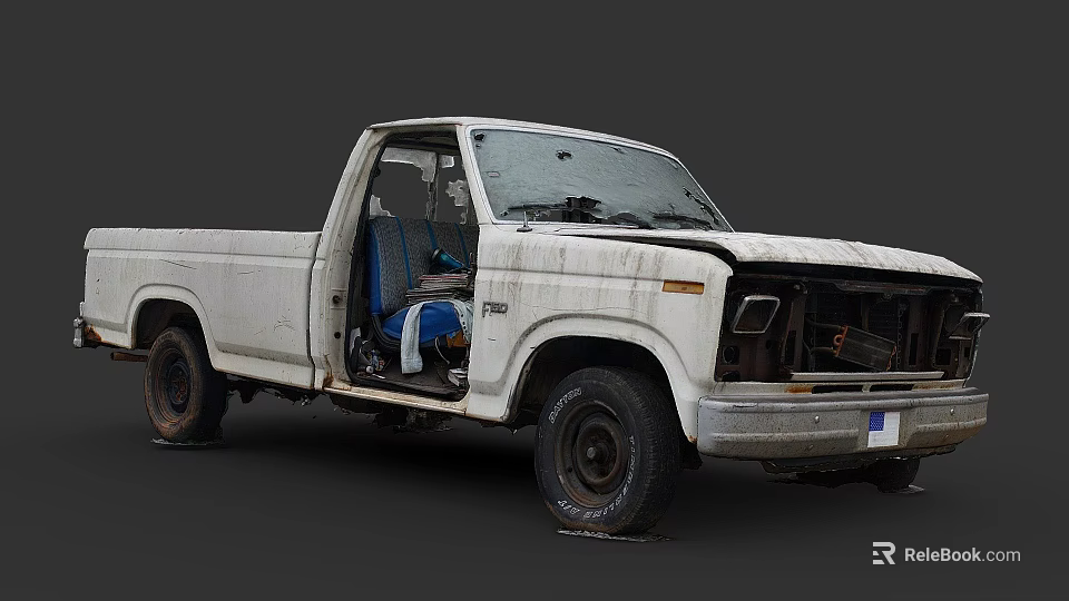 Old White Utility Truck With Weathered Exterior And Blue Seats 3d model 