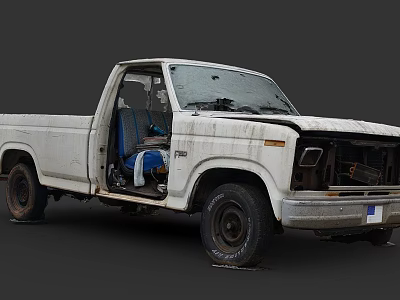 Old White Utility Truck With Weathered Exterior And Blue Seats 3d model