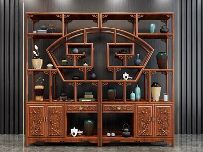 Traditional Chinese Style Wooden Display Shelf with Carved Details Vases Tea Sets and Books 3d model