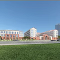 School Campus Buildings with Red Brick White Walls Lawn Road and Blue Sky