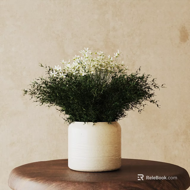 Bonsai Plant with Green Leaves and White Flowers in White Cylindrical Pot on Brown Table 3d model 