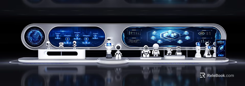Futuristic Tech Exhibition Hall With Robots Blue Digital Displays And Interactive Interfaces 3d model