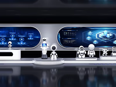Futuristic Tech Exhibition Hall With Robots Blue Digital Displays And Interactive Interfaces 3d model