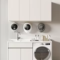 Modern White Bathroom Cabinetry With Sink Washing Machine Three Round Dryer Units And Upper Storage