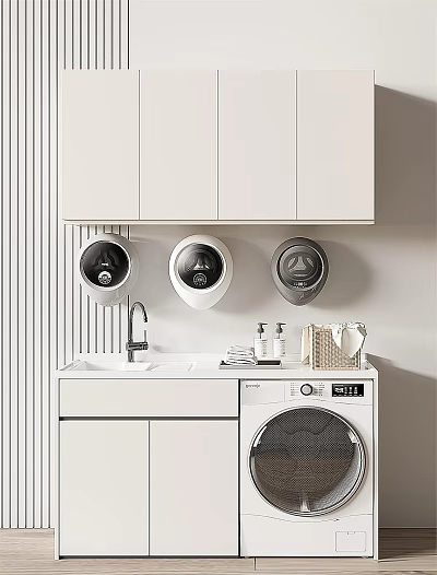 Modern White Bathroom Cabinetry With Sink Washing Machine Three Round Dryer Units And Upper Storage 3d model