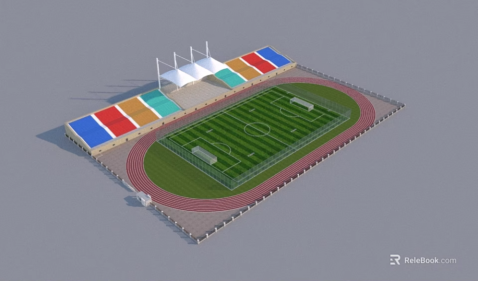 Football Stadium With Green Turf Red Running Track Colorful Seats And White Canopies 3d model 