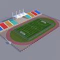 Football Stadium With Green Turf Red Running Track Colorful Seats And White Canopies