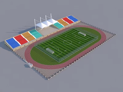 Football Stadium With Green Turf Red Running Track Colorful Seats And White Canopies 3d model