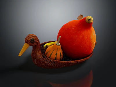 Decorative Ornament Set With Duck Shaped Basket Large Orange Pumpkin And Small Striped Pumpkin 3d model