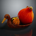 Decorative Ornament Set With Duck Shaped Basket Large Orange Pumpkin And Small Striped Pumpkin