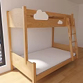 Wooden Bunk Bed With Cloud Shaped Headboard And Ladder By Window With City View