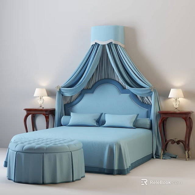 Blue Canopy Double Bed With Curved Headboard Nightstands Table Lamps And Ottoman 3d model 