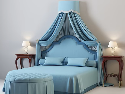 Blue Canopy Double Bed With Curved Headboard Nightstands Table Lamps And Ottoman 3d model