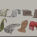 Various Colored Scarves in Green Gray Brown Red with Different Styles and Textures