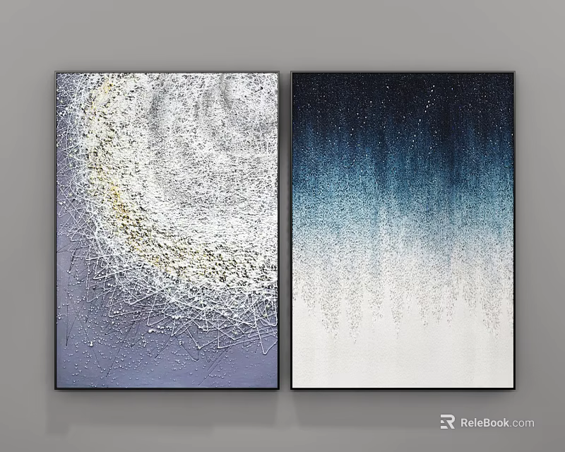 Abstract Wall Art Set of Two With Textured Gold Navy and Gradient Blue White Design 3d model 