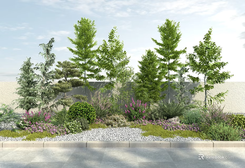 Lush Arbor Trees In Garden Landscape With Shrubs Flowers And Pebble Path 3d model 