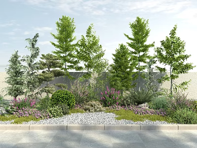 Lush Arbor Trees In Garden Landscape With Shrubs Flowers And Pebble Path 3d model