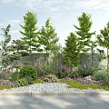 Lush Arbor Trees In Garden Landscape With Shrubs Flowers And Pebble Path