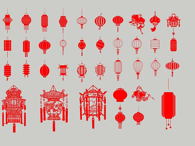 Traditional Chinese Red Lantern Hanging Decorations with Various Ornate Styles 3d model