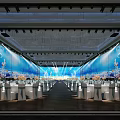 Elegant Banquet Hall Interior With Large Blue Background Screens Tables Chairs Lighting And Flowers