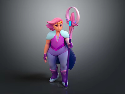 3D Animated Fantasy Character With Pink Hair Purple Outfit And Magical Staff 3d model
