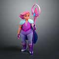 3D Animated Fantasy Character With Pink Hair Purple Outfit And Magical Staff