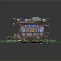 Wooden Mobile House With Tiled Roof Wheels Grass River And Mushrooms