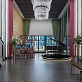 Luxury Boutique Interior With Crystal Chandelier Black Piano Green Armchair And Display Shelves